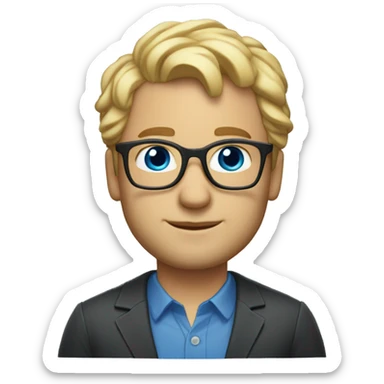 40 year old man, professionally dressed, blonde with very short wavy hair, with an almost invisible beard, blue eyes and glasses sticker