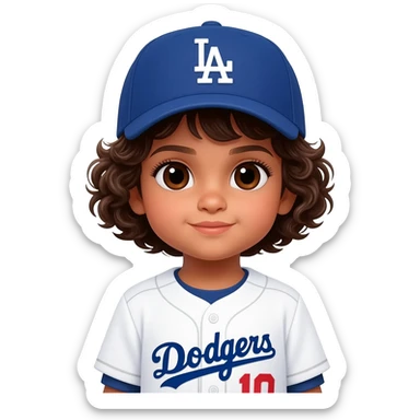 indian toddler girl in a white dodgers uniform with baseball cap curly brown short hair and dark brown eyes sticker