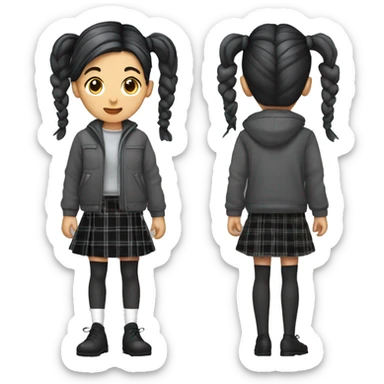 Girl with pigtails with black checkered hair in a charcoal half jacket, gray tartan skirt, gray stockings, white leg warmer and black loafers
 sticker