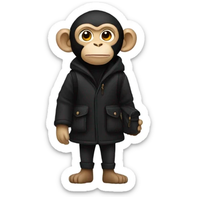 Monkey wearing black wool coat black ugg boots black backpack sticker