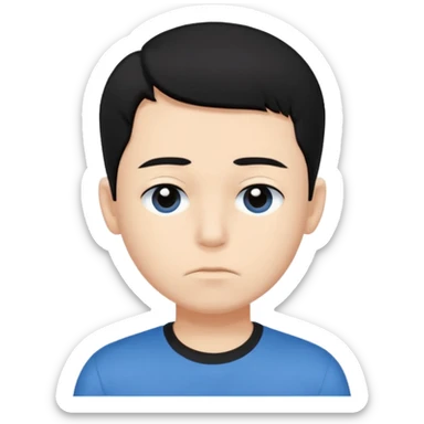 Cute apple emoji-style boy portrait, black hair, blue t-shirt, big black eyes, closed mouth,clean bold lines, flat colors, minimal shading sticker