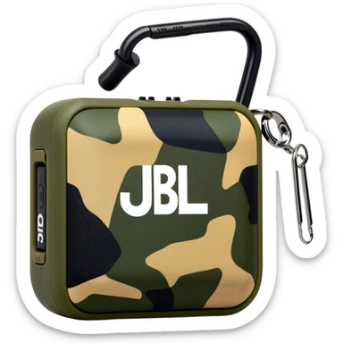 JBL Go Clip 4 portable speaker with camouflage colors and carabiner clip sticker