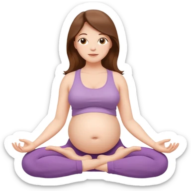 Pregnant woman sitting in a yoga pose with long brown hair and fair skin,." sticker
