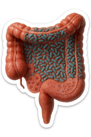 COLON DI UN INTESTINO UMANO ANATOMICO CON ALL'INTERNO PIENO DI BATTERI INTESTINALI, IPERREALISTICO 4K sticker