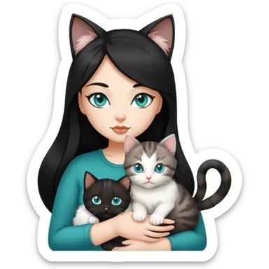 Hot curvy woman, teal eyes, eyelashes, long hair, with super cute kitten, she is white with brown hair, black top, the cat is a brown and grey tabby sticker