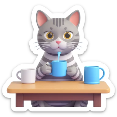 A gray striped cat sitting at a table drinking water from a mug without a visible water stream sticker