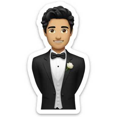 "A handsome Asian groom with messy black hair, wearing a black tuxedo." sticker