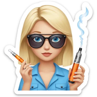Blonde girl blue eyes a vape in her hand and sunglasses her head sticker