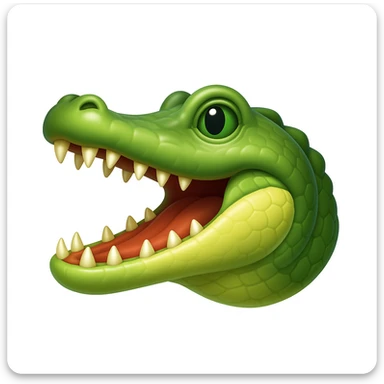 Create a crocodile emoji that looks exactly like the reference image in iOS emoji style. The emoji should be 3D with shiny, smooth gradients, soft shadows, and a realistic crocodile head with green scales and an open mouth, capturing the classic emoji look. Add a glossy effect to the scales. sticker