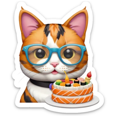 cat with cool square glasses eating a birthday cake made out of sushi sticker
