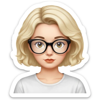 white woman about 50 years old with light warm skin, wide face, black wavy neck-length 80s short hair, low volume, neutral expression, large black shiny butterfly or cat-eye glasses, white casual t-shirt sticker