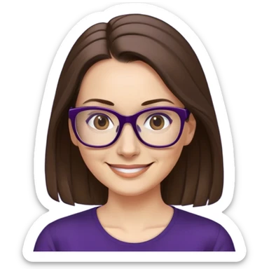 nữ 40 tuổi, da trắng, tóc dài được buộc gọn gàng màu nâu, mặt cười tươi vui vẻ, đeo kính màu đen, áo tím đậm sticker