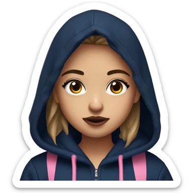 A giner girl with lashes ans brown eyes confused and wearing a navy blue hoddie with light skin and pink lips and she has a parooy on her shoulders sticker