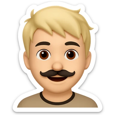 Make the mustache smaller, keep short messy blond hair, emoji style, preserve transparent background, smiling. The style should resemble apple style emojis with concise prompt focus. sticker
