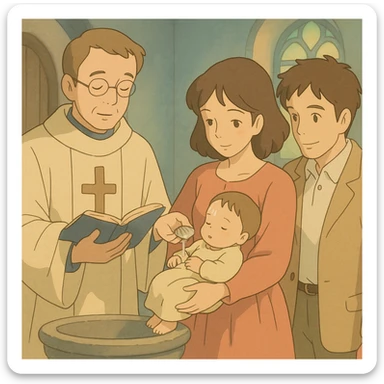 Christian baptism scene, gentle pastel colors, ghibli style sticker