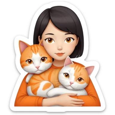Oriental Asian girl with short bob haircut snuggling with an orange and white cat, cat is mostly white with orange patches, the girl is holding the cat lovingly sticker