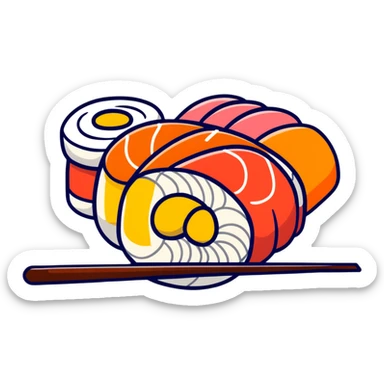 скатерть-самобранка with Japanese dishes like sushi, ramen, and mochi sticker