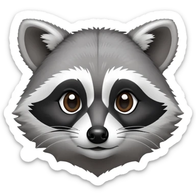 Cinematic-Noble-Raccoon-Portrait-Emoji – Poised and confident, with a sturdy build and a beautifully textured fur of silver-grey accented by dark black facial markings, deep-set, large big black eyes revealing no white, simplified yet sharp and sophisticated zoom out to show shoulders sticker