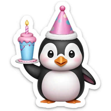 cute penguin  hold a birthday cake in both arms with pink birthday hat sticker
