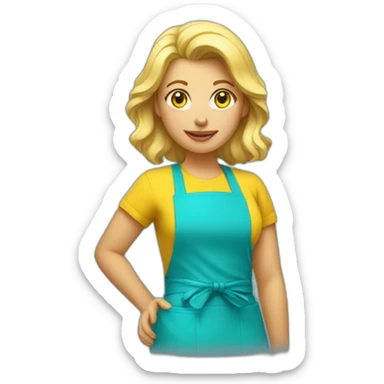 blonde woman with a cyan colored apron and a yellow t-shirt sticker
