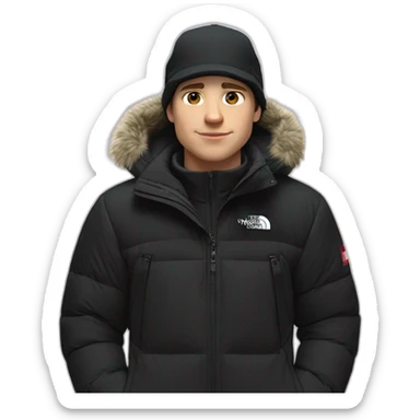 white boy,mi-long brown hair,winter cap black The North face,black jacket The North face,1 Backpack sticker