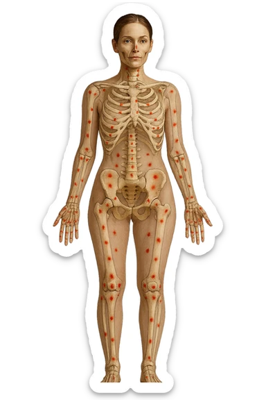 corpo umano anatomico di una donna affetta da fibromialgia, red spot sparsi sulle sue ossa, iperrealistica 4k sticker