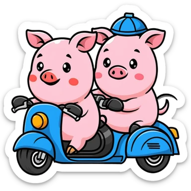 pig couple riding a motorbike, cute sticker