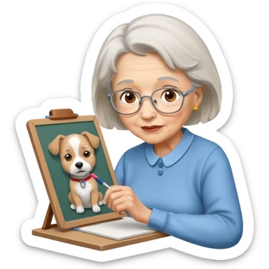 An elderly woman sketching, art board,nice picture, puppy face. sticker