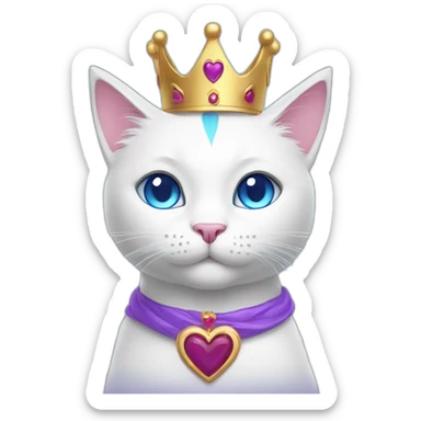 white cat with blue eyes, a purple heart and a crown on her head sticker