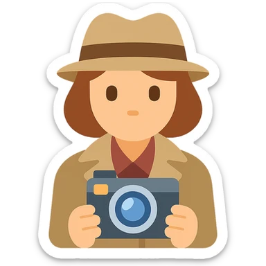 1930s private detective woman with vintage camera, colorful icon, simple and readable sticker