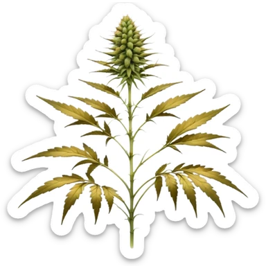 small cannabis plant at late harvest stage, modestly sized, uneven growth structure, thin branches supporting medium size buds, leaves showing natural discoloration in shades of yellow and brown, clearly visible trichomes with amber hues, resin-coated buds ready for harvest,  sticker