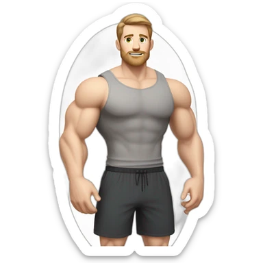 Full height Pale skinned muscular man With Realistic eyes and mouth, light brown hair and stubble In dark gray sleeveless mike, black oversize sports shorts, watch and white sneakers. sticker