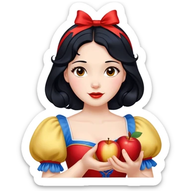 Cinematic Realistic Snow White Portrait, depicted with lifelike skin texture, soft natural lighting, and intricately detailed black hair styled with a red ribbon. Her soft brown eyes radiate innocence and kindness, complemented by a warm, gentle smile. She holds an apple in one hand, her other hand resting against her cheek, embodying her purity and charm. She is dressed in her classic yellow, blue, and red gown, the fabric rich in texture with delicate folds that catch the light beautifully. The portrait features a soft, natural glow with a radiant finish, capturing the essence of timeless beauty in a realistic and painterly style. sticker
