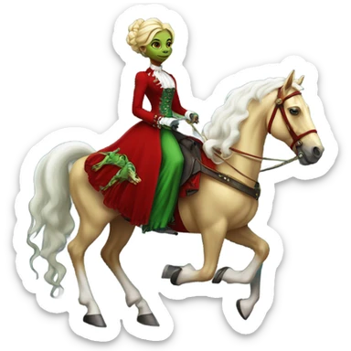 "galora green blonde alien woman" in red Victorian elegant dress, full body, rides horse gold and white
 sticker