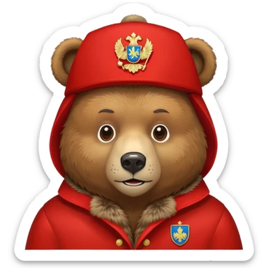 Russian brown bear wearing a red ushanka hat with Russian coat of arms emblem, front view, iOS emoji style sticker