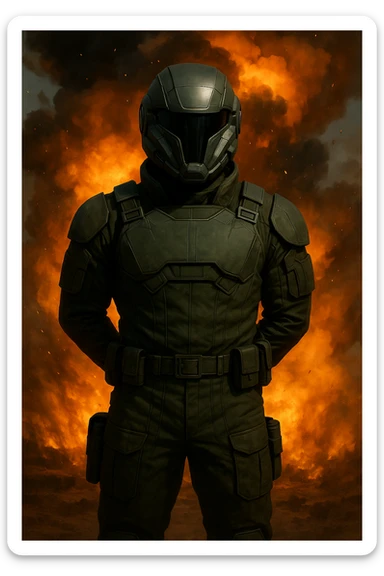 Add a sci-fi helmet to the man, keeping the dark green military fatigues and warzone background with explosions and flames. The style should maintain a realistic and intense warzone atmosphere with detailed explosions and flames in the background. sticker