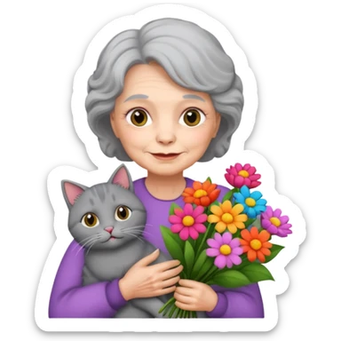 old woman holding bouqet and cat sticker