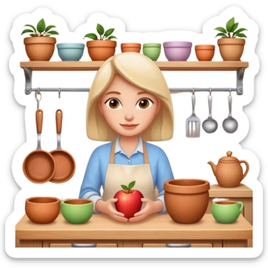 cartoon Apple iOS emoji style woman, pastel colors, Chilean wooden kitchen background, clay pots, warm light, detailed and clean vector art sticker