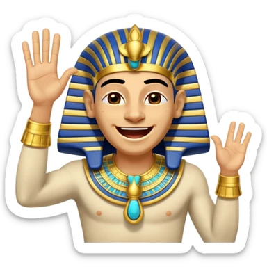 Animated sticker of a funny Ancient Egyptian Pharaoh laughing and energetically waving his hand, welcoming new members, cartoonish style, colorful with shiny gold details, expressive face, small and clear for Discord use, playful and lively motion.
 sticker