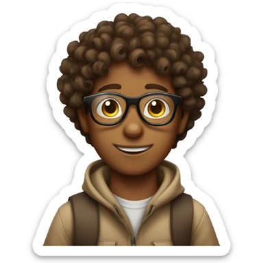 curly brown haired  boy with glasses on top of a kangaroo sticker