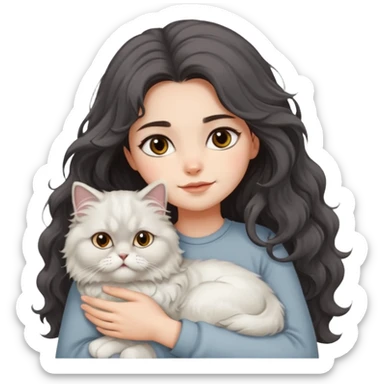 a girl with long dark wavy hair hug a fluffy persian cat with dominant white body and gray on its forehead  sticker