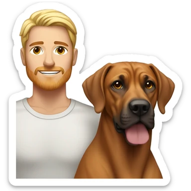 white male with long rainbow colored hair standing alongside a brown rhodesian ridgeback sticker