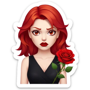 a beautiful very angry woman with red hair and red eyes. The woman wear a black little cutted dress. She have red lipstick and she have a seductive look. She have a rose flower in her hair sticker
