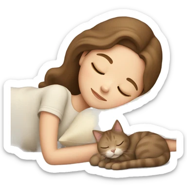 Girl with brown hair sleeping with beige cat sticker