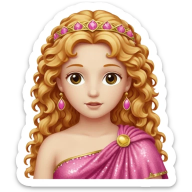 Venus, Goddess of Love from Roman Deities with long strawberry blonde wavy hair, pink sequin toga sticker