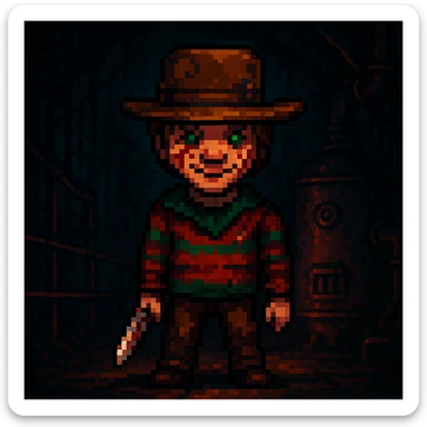 Add a spooky, nightmarish background with a boiler room and dark shadows behind Freddy Krueger, keep pixel art style sticker
