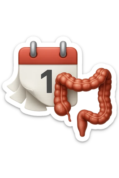 emoji stile iphone di un calendario con fogli che volano insieme a pezzi anatomici di colon umano, iperrealistico 4k, isolato su sfondo bianco sticker