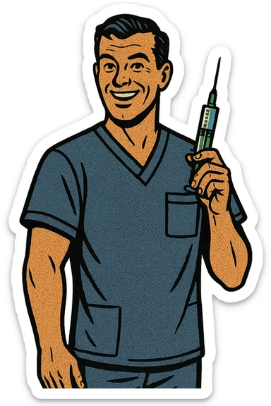 A full body of a friendly male nurse who is holding a vaccination syringe close to his body sticker