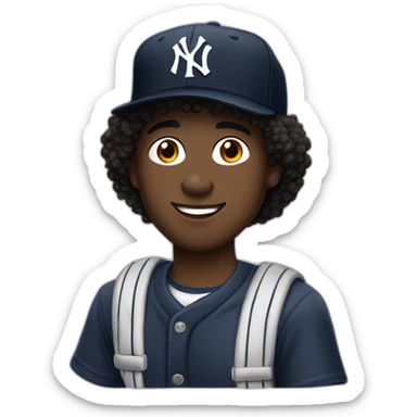 20yo black and curly hair man with a MacBook and a yankees cap sticker