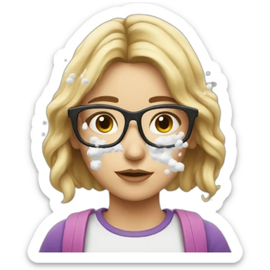 girl with glasses getting white substance sprayed on her face sticker